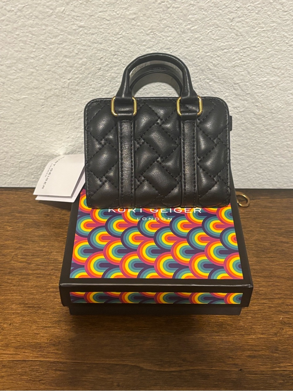 Kurt Geiger Black Quilted Card Holder/Bag Charm with Gold Chain Detail - Picture 3 of 8